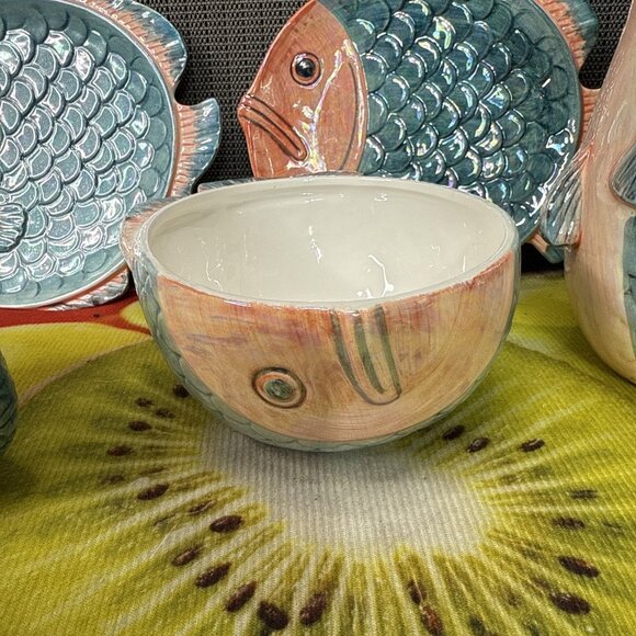 Vintage Rare 10 piece MCM Henriksen Majolica Fish Sculpture Iridescent Jug Pitch - Picture 5 of 12